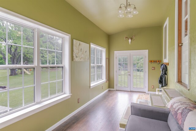 5072 Scottsville Rd, Charlottesville, VA 22902 - sunroom / solarium featuring french doors, plenty of natural light, a chandelier, and vaulted ceiling
