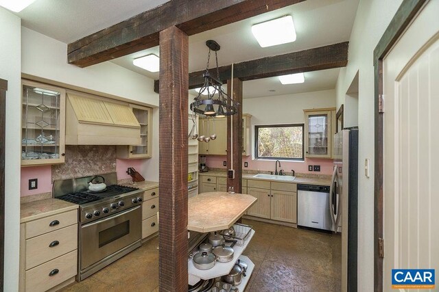 7035 Blackwells Hollow Rd, Crozet, VA 22932 - kitchen with appliances with stainless steel finishes, custom range hood, beam ceiling, a sink, and light countertops