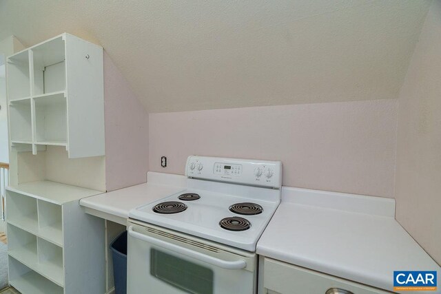 7035 Blackwells Hollow Rd, Crozet, VA 22932 - kitchen featuring electric stove, open shelves, lofted ceiling, and light countertops