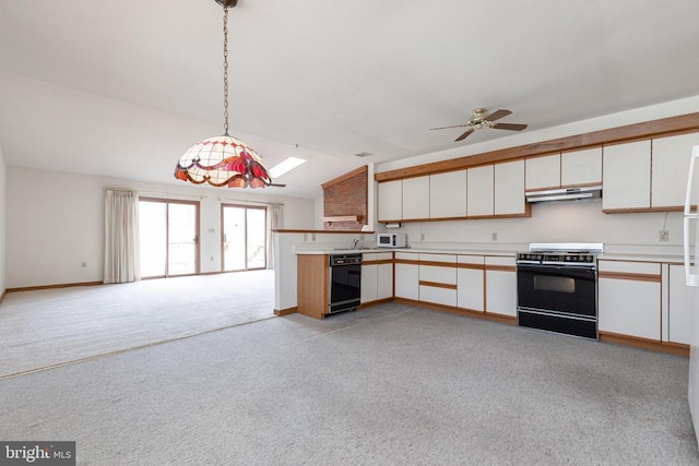 kitchen with black appliances, under cabinet range hood, light carpet, light countertops, and white cabinets