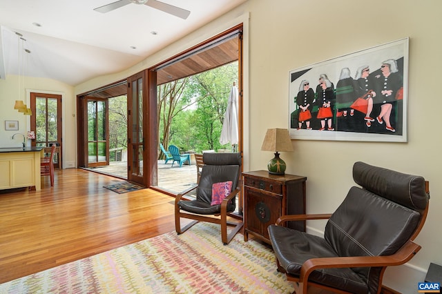 1112 Park St, Charlottesville, VA 22901 - sitting room featuring wood finished floors, a ceiling fan, and lofted ceiling
