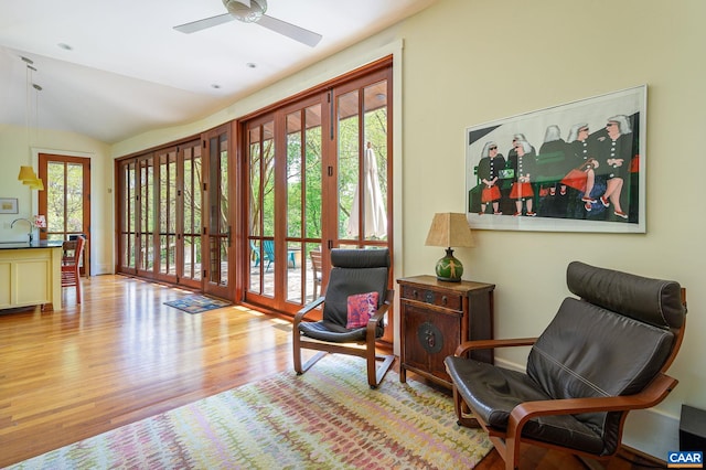 1112 Park St, Charlottesville, VA 22901 - living area with wood finished floors, a ceiling fan, and lofted ceiling