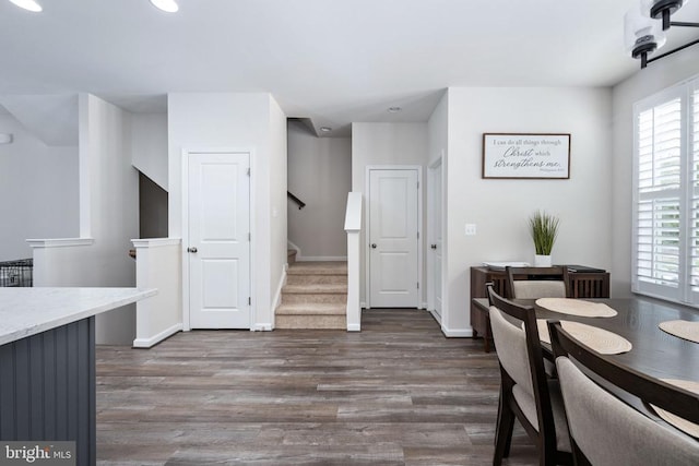 4114 Bolton Ct, Fredericksburg, VA 22408 - dining area featuring wood finished floors, recessed lighting, stairs, and baseboards