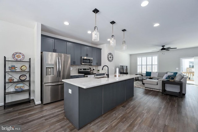 4114 Bolton Ct, Fredericksburg, VA 22408 - kitchen featuring stainless steel appliances, a sink, dark wood finished floors, a ceiling fan, and recessed lighting