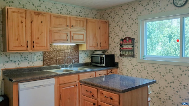 983 Williamstown Rd, Shipman, VA 22971 - kitchen with dishwasher, stainless steel microwave, wallpapered walls, a sink, and dark countertops