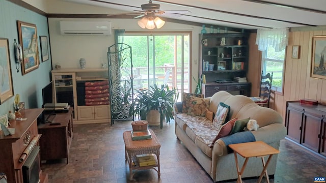 983 Williamstown Rd, Shipman, VA 22971 - living area featuring a wall mounted AC, ceiling fan, wooden walls, and vaulted ceiling