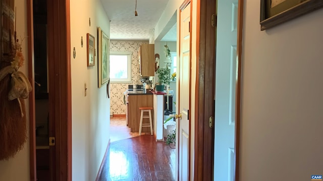 983 Williamstown Rd, Shipman, VA 22971 - hallway with dark wood-type flooring, a textured ceiling, and wallpapered walls