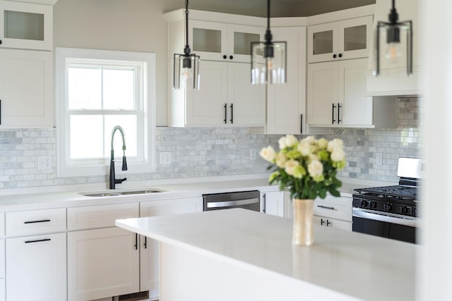409 Peterson Ln, Waynesboro, VA 22980 - kitchen with a sink, appliances with stainless steel finishes, hanging light fixtures, white cabinets, and light countertops