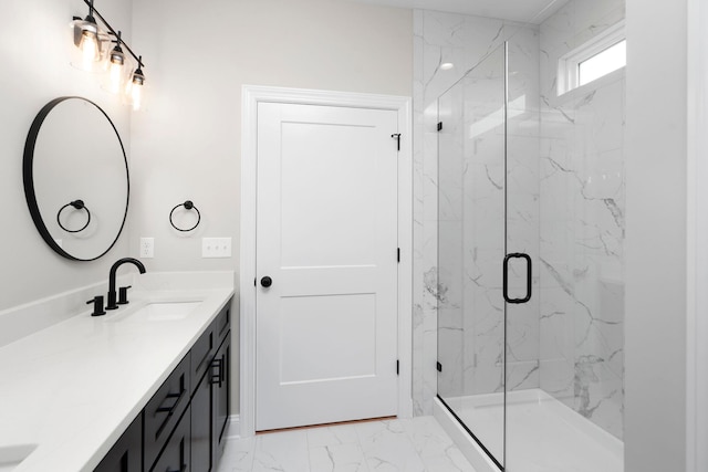 409 Peterson Ln, Waynesboro, VA 22980 - bathroom featuring marble look tiles, a marble finish shower, and vanity