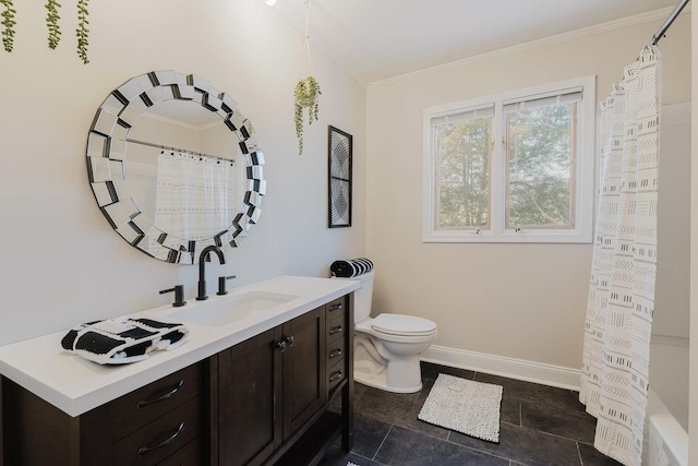full bathroom featuring ornamental molding, baseboards, toilet, vanity, and a shower with curtain