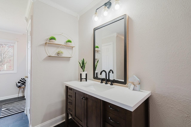 bathroom featuring crown molding, vanity, and baseboards