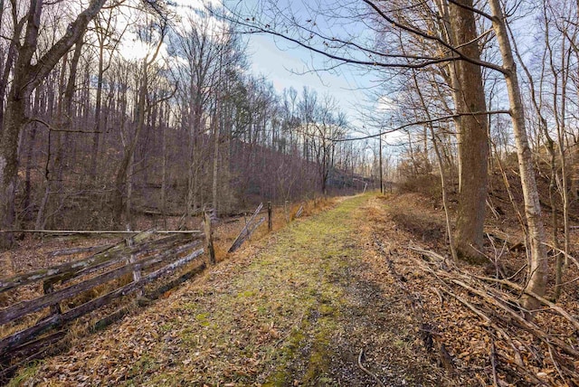 view of street featuring a wooded view