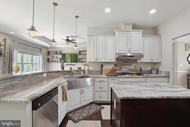 5761 Agecroft Rd, Spotsylvania, VA 22551 - kitchen featuring stainless steel dishwasher, a sink, under cabinet range hood, white cabinetry, and recessed lighting
