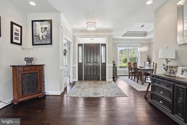 5761 Agecroft Rd, Spotsylvania, VA 22551 - entrance foyer featuring ornamental molding, recessed lighting, baseboards, dark wood-type flooring, and a tray ceiling