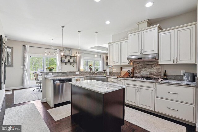 5761 Agecroft Rd, Spotsylvania, VA 22551 - kitchen with under cabinet range hood, stainless steel appliances, a sink, a peninsula, and dark wood-type flooring