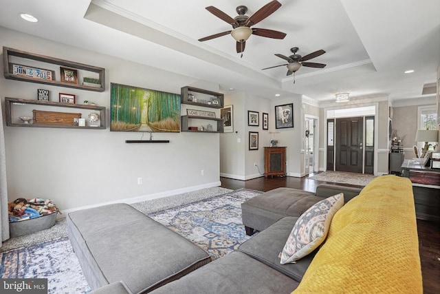 5761 Agecroft Rd, Spotsylvania, VA 22551 - living area with a raised ceiling, crown molding, a ceiling fan, baseboards, and recessed lighting