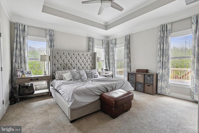 5761 Agecroft Rd, Spotsylvania, VA 22551 - bedroom with ornamental molding, carpet floors, multiple windows, and a tray ceiling