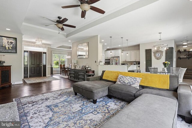 5761 Agecroft Rd, Spotsylvania, VA 22551 - living area featuring a ceiling fan, wood finished floors, crown molding, recessed lighting, and baseboards