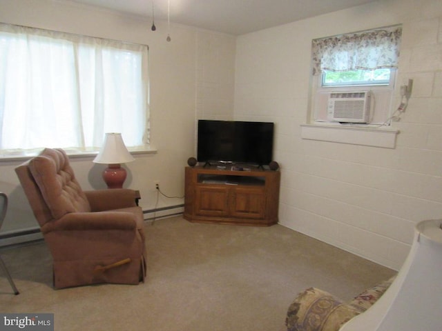 carpeted living room featuring cooling unit and a baseboard radiator