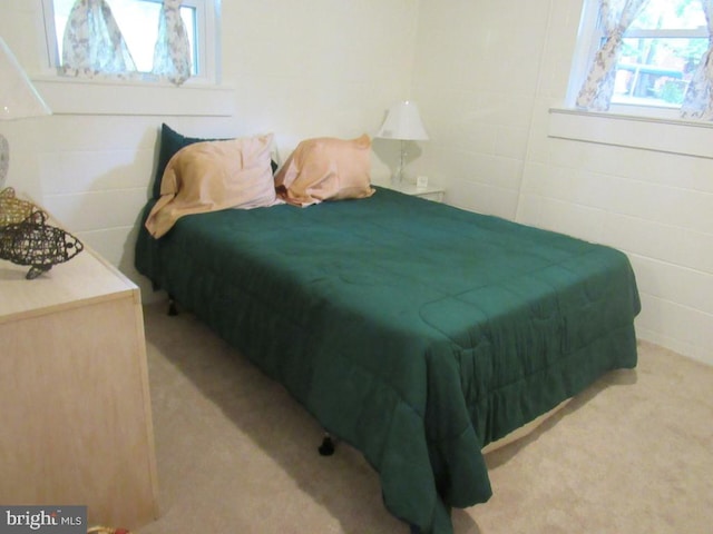 bedroom featuring light colored carpet