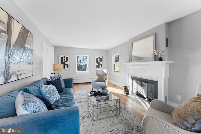 living area featuring wood finished floors, a fireplace with flush hearth, and baseboards