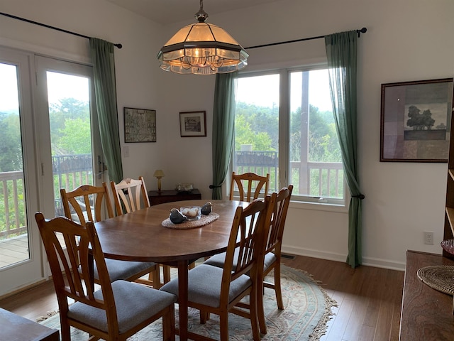 dining space with an inviting chandelier and hardwood / wood-style floors