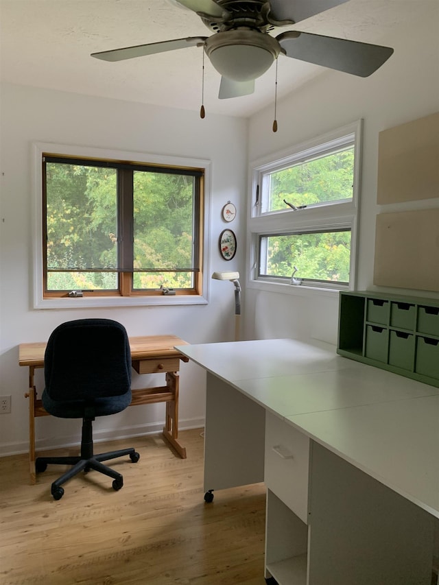 office area with light hardwood / wood-style floors and ceiling fan