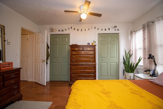 bedroom with multiple closets, ceiling fan, and wood-type flooring