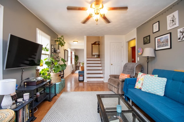 living room with light hardwood / wood-style floors and ceiling fan