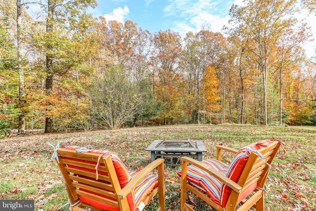 view of patio featuring an outdoor fire pit and a view of trees