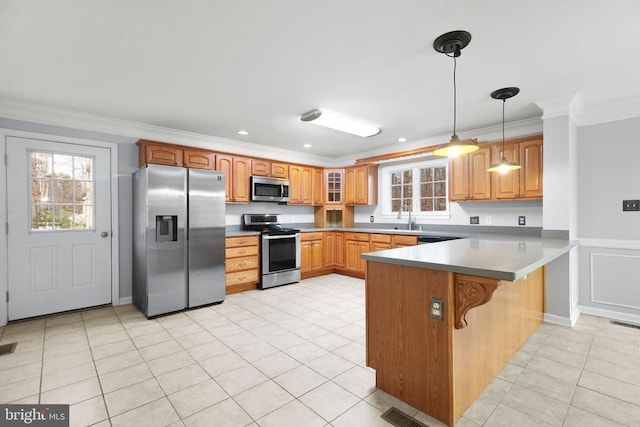 kitchen with glass insert cabinets, stainless steel appliances, a peninsula, light tile patterned flooring, and crown molding