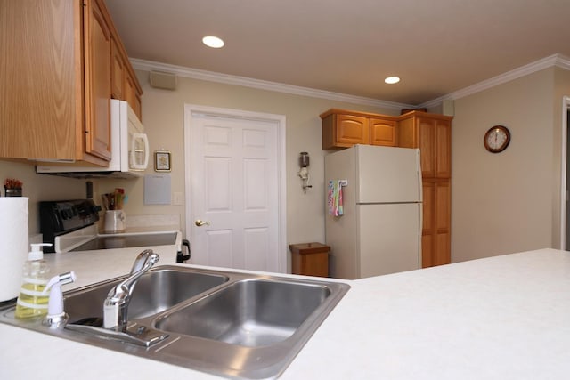 kitchen with crown molding, sink, and white appliances