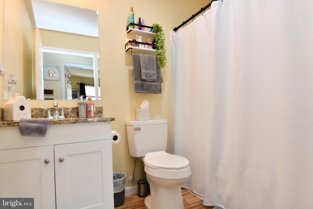 bathroom with wood-type flooring, a shower with shower curtain, vanity, and toilet