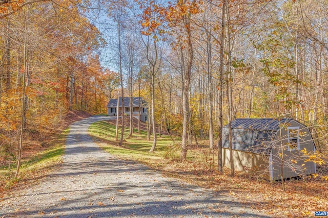 view of street featuring driveway and a forest view