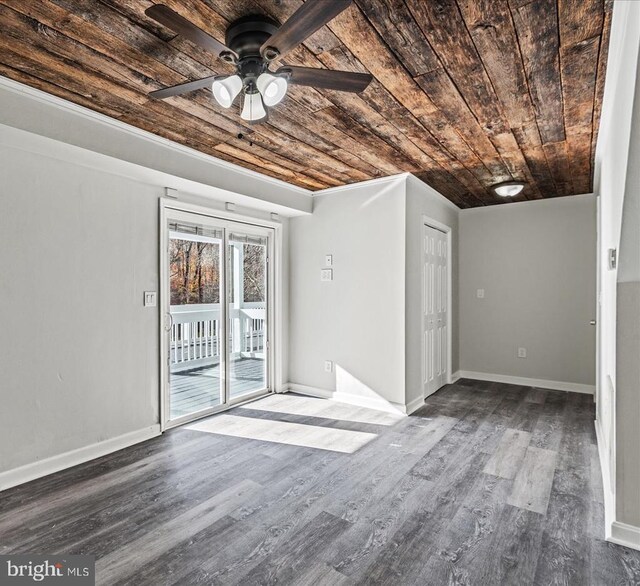 spare room with wood ceiling, ceiling fan, and wood-type flooring