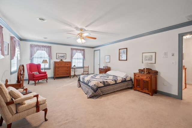 bedroom featuring visible vents, light carpet, baseboards, and ornamental molding