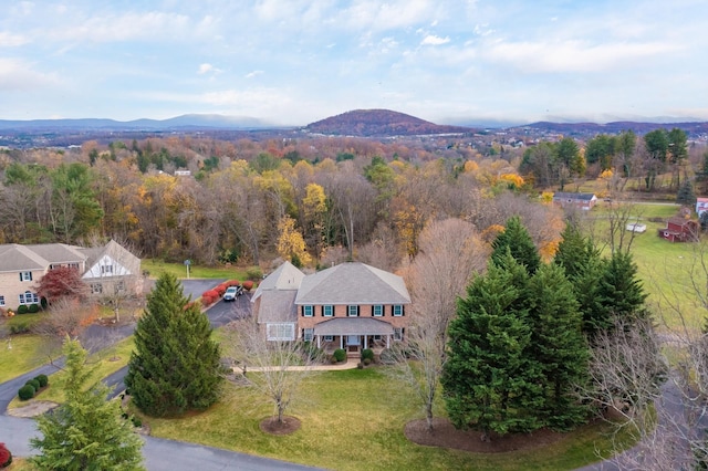 bird's eye view featuring a view of trees and a mountain view