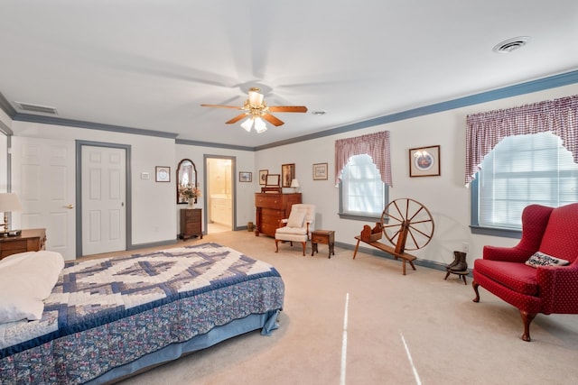 bedroom featuring visible vents, carpet flooring, crown molding, and baseboards