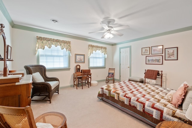 bedroom with visible vents, crown molding, baseboards, light carpet, and a ceiling fan