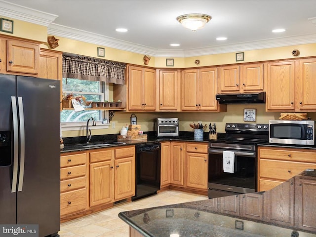 kitchen featuring ornamental molding, stainless steel appliances, sink, and dark stone countertops