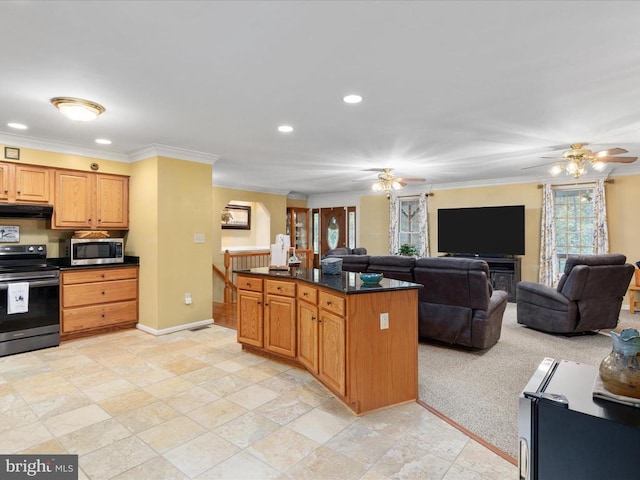 kitchen with ceiling fan, appliances with stainless steel finishes, a center island, and ornamental molding