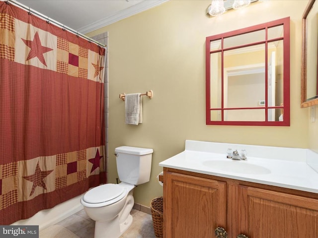 bathroom featuring toilet, ornamental molding, vanity, curtained shower, and tile patterned flooring