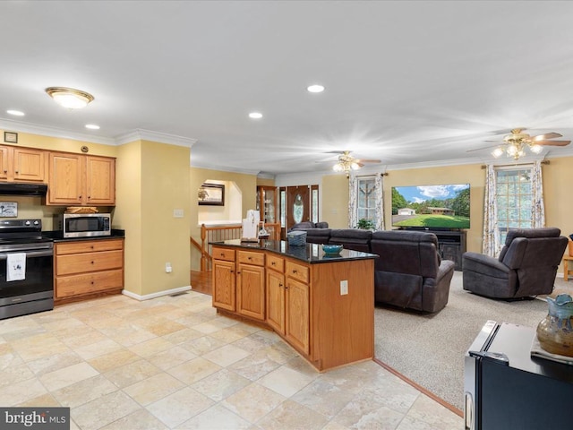 kitchen with crown molding, ceiling fan, appliances with stainless steel finishes, and a kitchen island