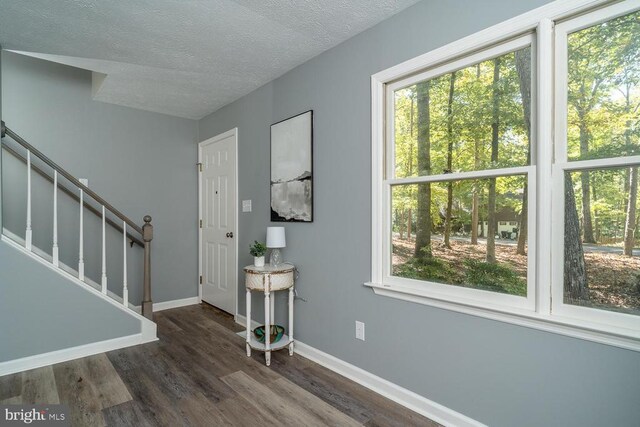 foyer with dark wood-type flooring and a textured ceiling