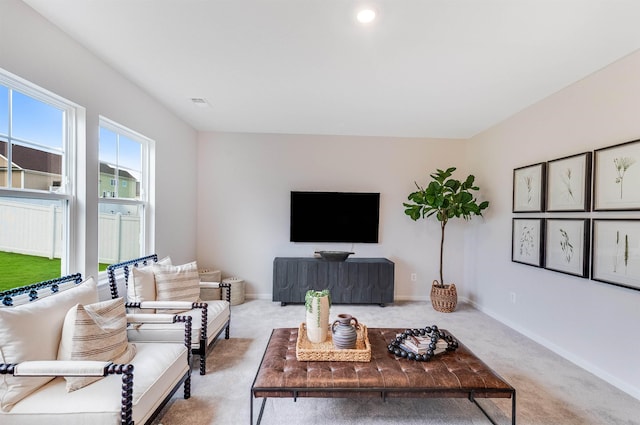 living room featuring baseboards and light colored carpet