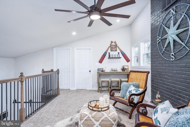 living area featuring carpet floors, recessed lighting, vaulted ceiling, ceiling fan, and baseboards