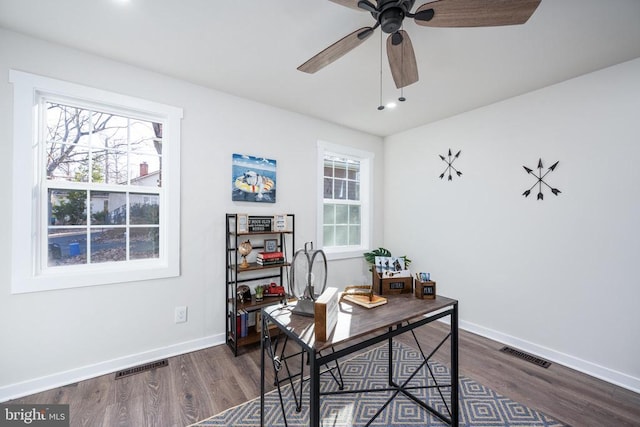 office with baseboards, visible vents, and dark wood-style flooring