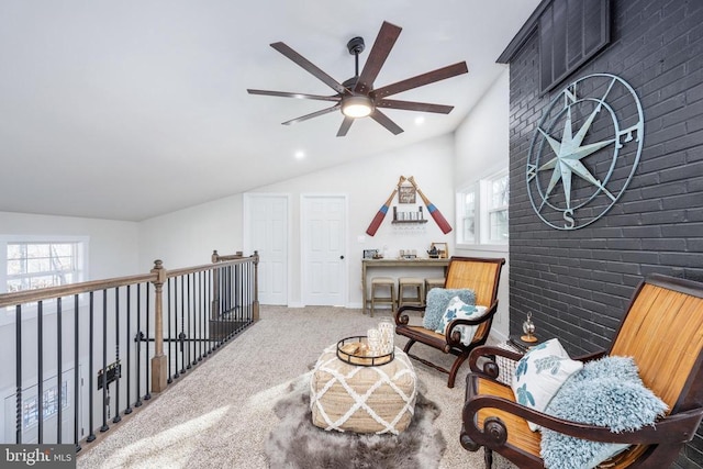 living area with carpet, vaulted ceiling, and recessed lighting