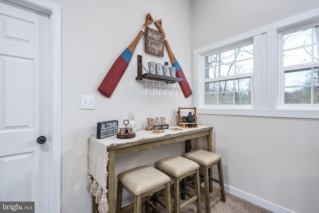 bar featuring carpet floors, baseboards, and a bar