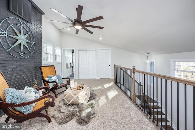 sitting room with ceiling fan, high vaulted ceiling, recessed lighting, carpet floors, and baseboards